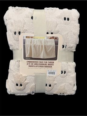 Northwest White & Black Embroidered Faux Fur Throw Blanket